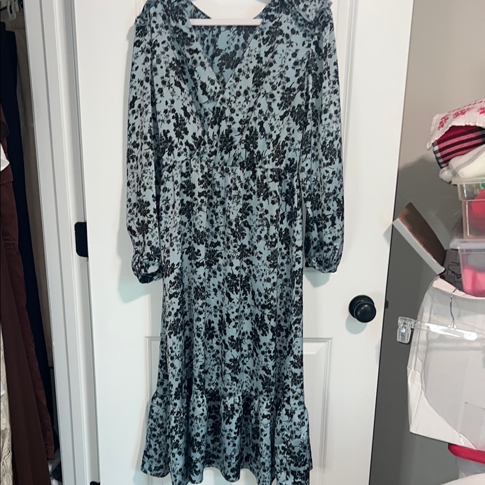 Zara Black and Light Blue Ruffled Tiered Bishop Sleeve Dress